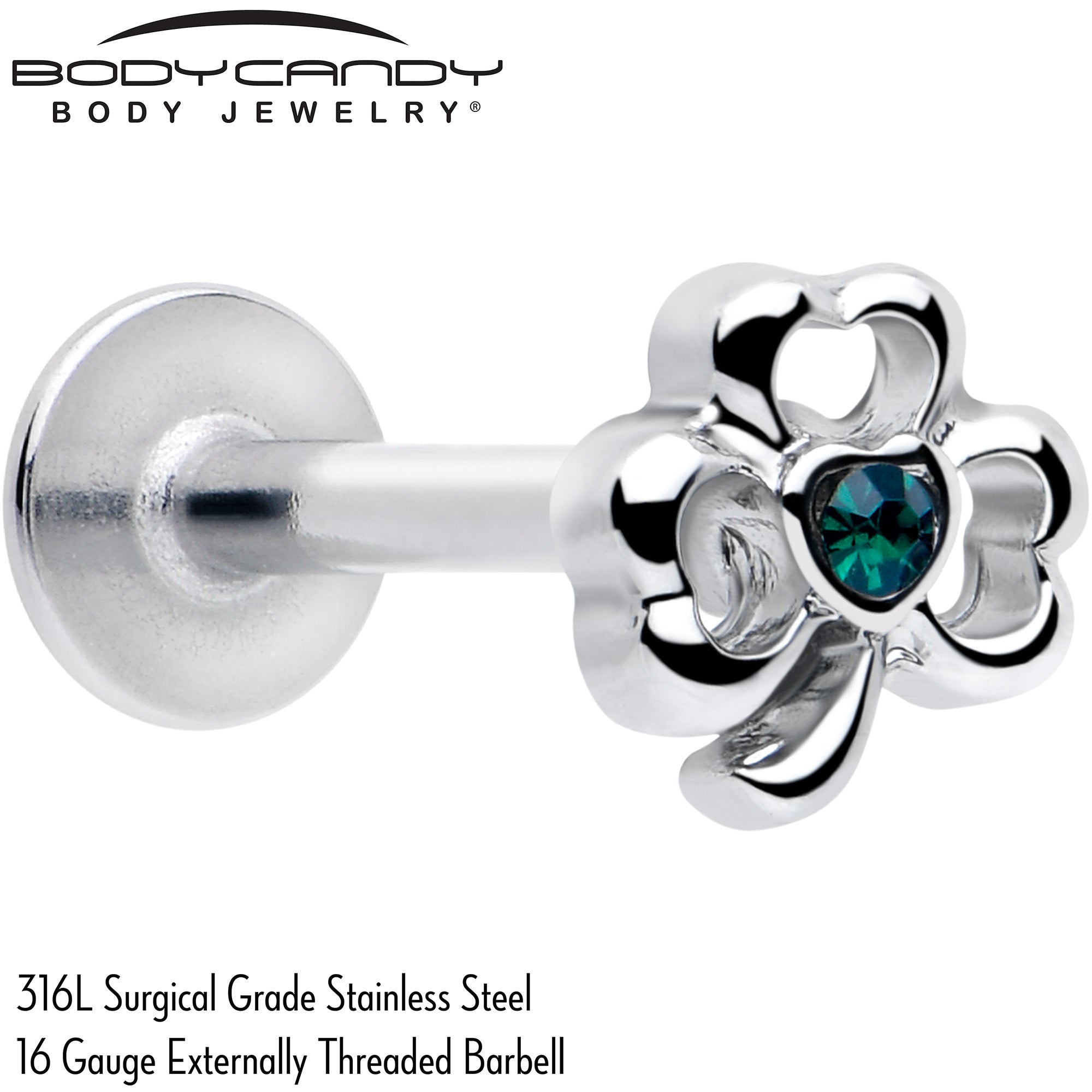 16G 5/16 Green Gem Heart Shamrock St Patricks Labret Monroe Tragus