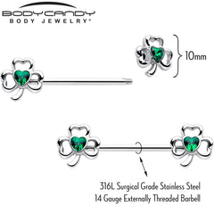 14G 3/4 Green Gem Heart Shamrock St Patricks Nipple Ring Set