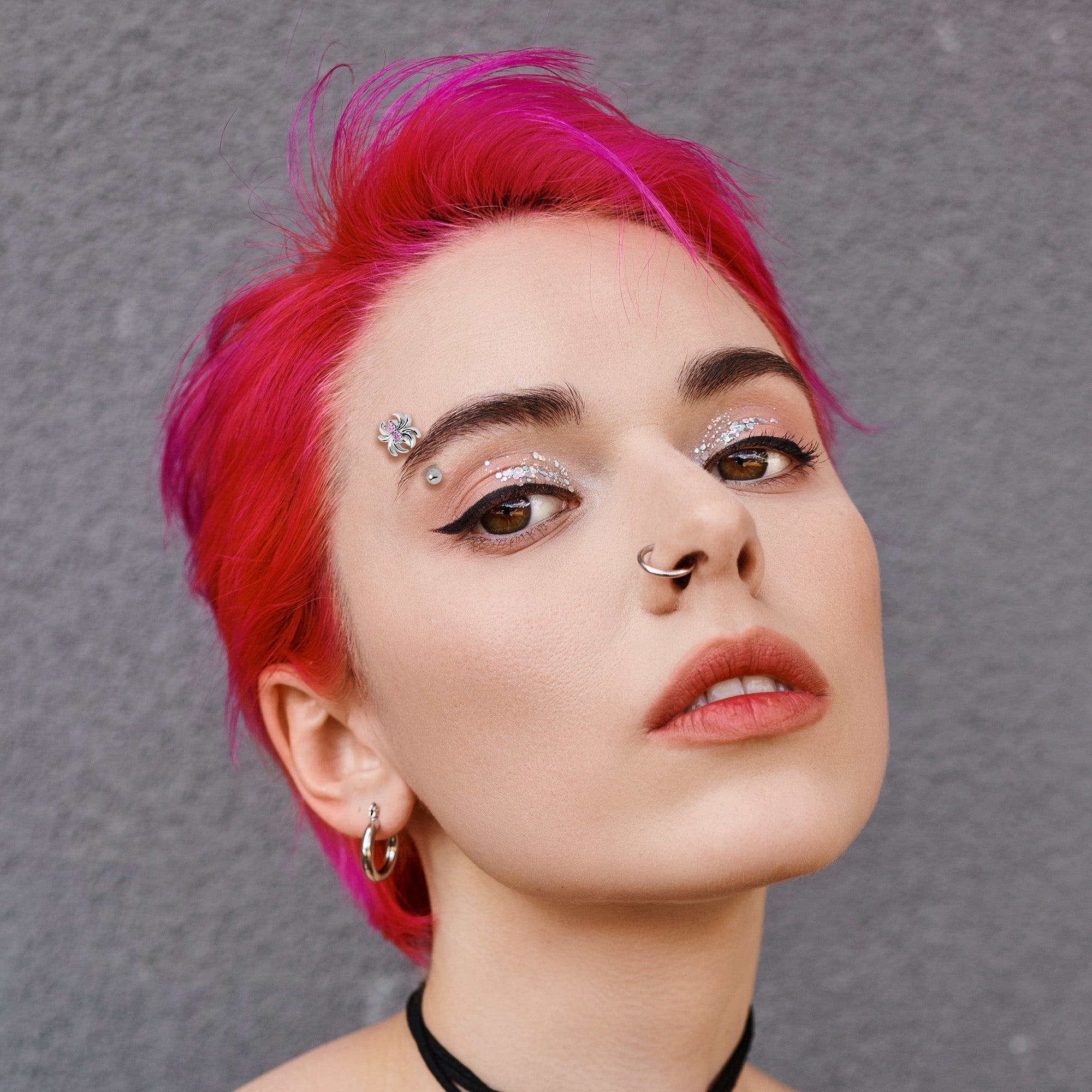 16G 5/16 Pink CZ Gem Sleek Spider Curved Eyebrow Ring