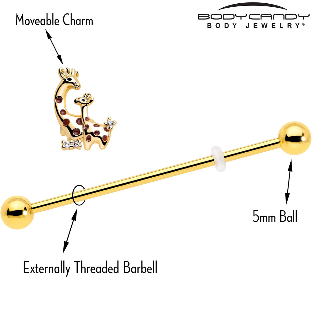 14G Clear CZ Gem Gold Tone Mom Baby Giraffe Industrial Barbell 38mm