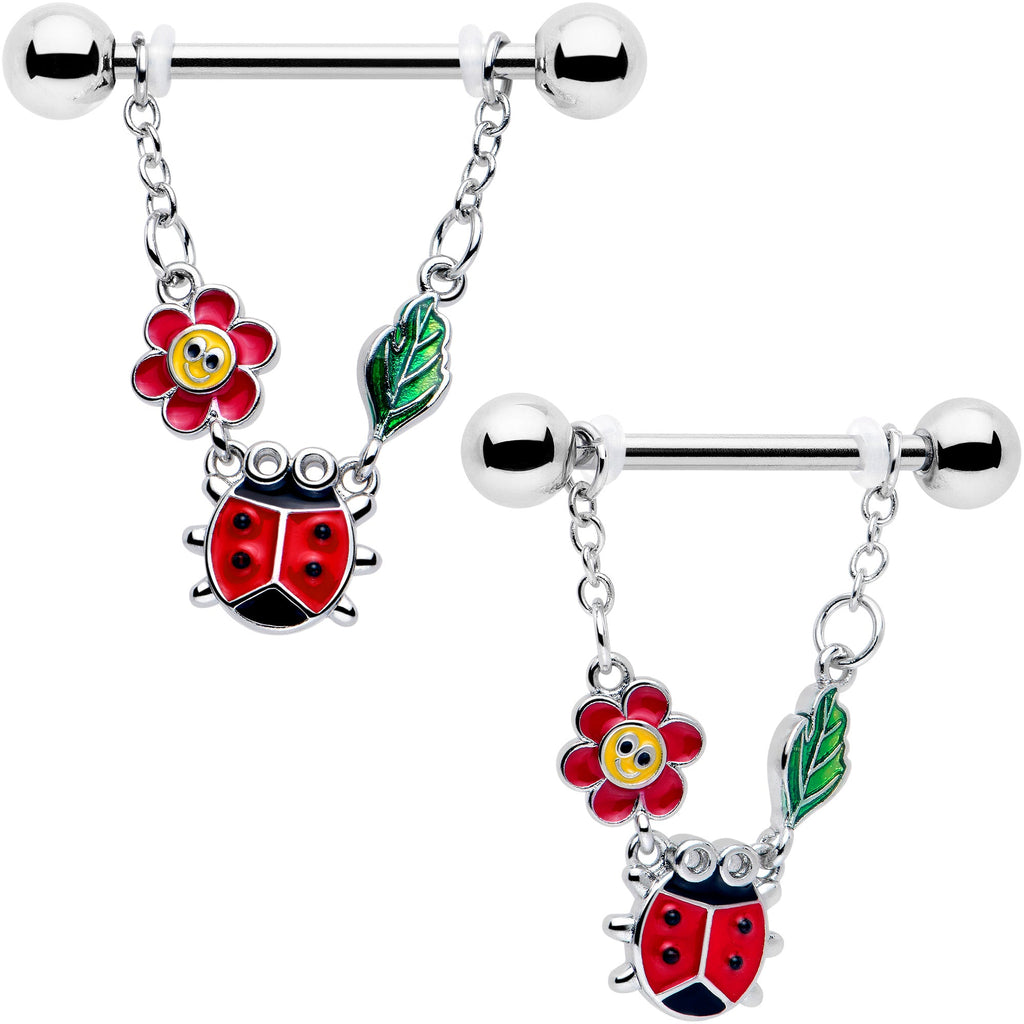 14G 9/16 Ladybug Hippie Flower Chain Dangle Nipple Ring Set