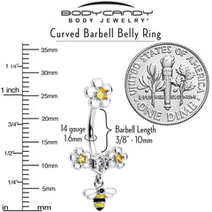 Yellow Clear CZ Gem Flower Bee Dangle Double Mount Belly Ring