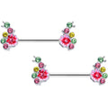 14G 9/16 Green Pink Gem Caterpillar Flower Barbell Nipple Ring Set