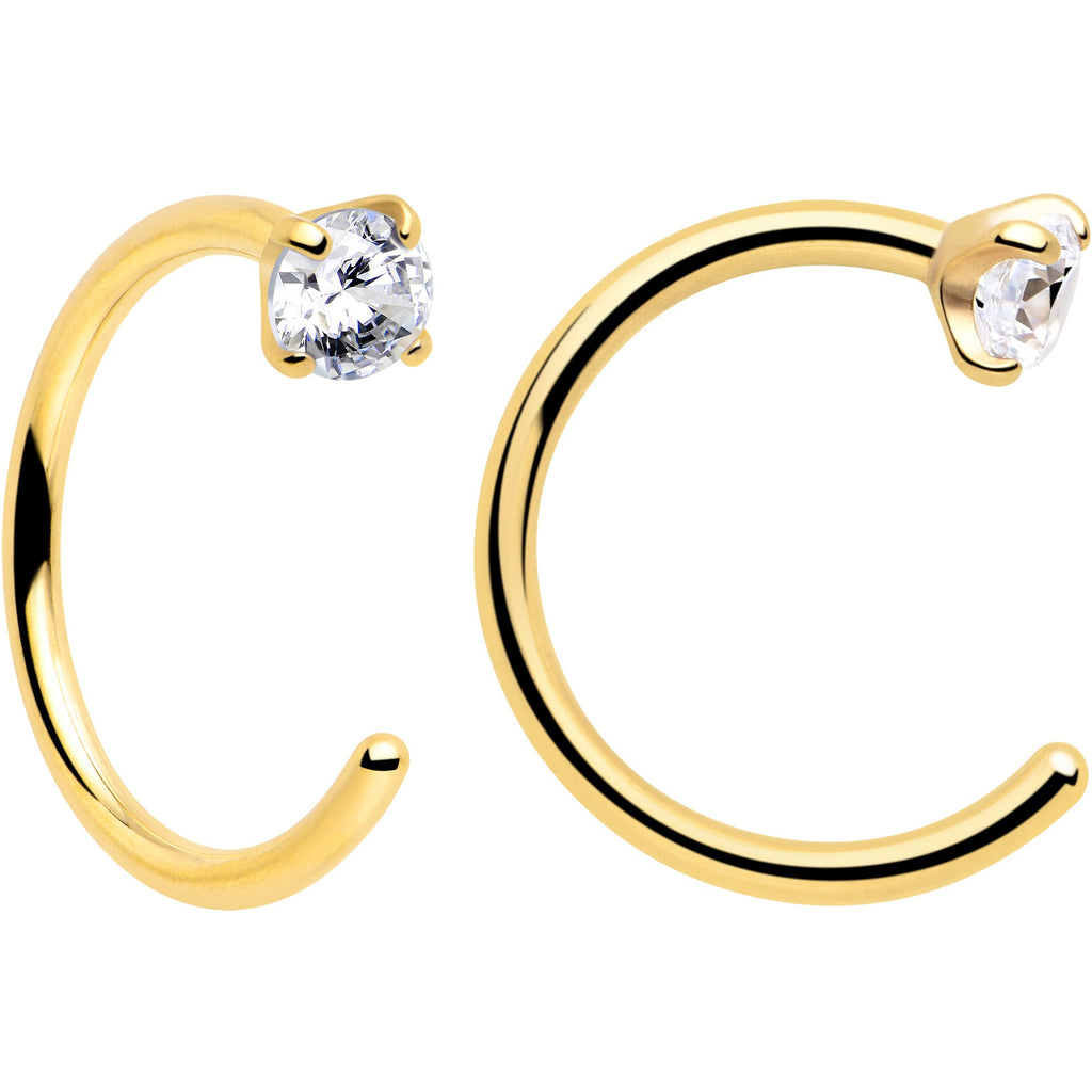 20G Clear Gem Gold Tone Implant Grade Titanium Open Hoop Earrings