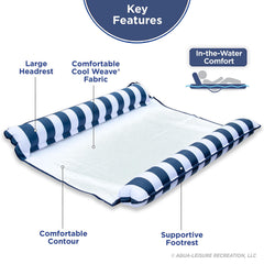Aqua 4-in-1 Monterey Hammock Pool Float & Water Hammock, Multi-Purpose, Inflatable Pool Floats for Adults, Patented Thick, Non-Stick PVC Material, One Light Blue & One Navy/White Stripe, 2-Pack