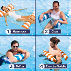 Aqua 4-in-1 Monterey Hammock Pool Float & Water Hammock, Multi-Purpose, Inflatable Pool Floats for Adults, Patented Thick, Non-Stick PVC Material, One Light Blue & One Navy/White Stripe, 2-Pack