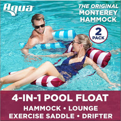 Aqua 4-in-1 Monterey Hammock Pool Float & Water Hammock, Multi-Purpose, Inflatable Pool Floats for Adults, Patented Thick, Non-Stick PVC Material, One Light Blue & One Navy/White Stripe, 2-Pack