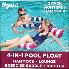 Aqua 4-in-1 Monterey Hammock Pool Float & Water Hammock, Multi-Purpose, Inflatable Pool Floats for Adults, Patented Thick, Non-Stick PVC Material, One Light Blue & One Navy/White Stripe, 2-Pack