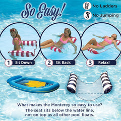 Aqua 4-in-1 Monterey Hammock Pool Float & Water Hammock, Multi-Purpose, Inflatable Pool Floats for Adults, Patented Thick, Non-Stick PVC Material, One Light Blue & One Navy/White Stripe, 2-Pack
