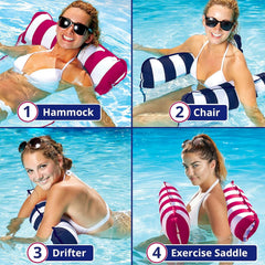 Aqua 4-in-1 Monterey Hammock Pool Float & Water Hammock, Multi-Purpose, Inflatable Pool Floats for Adults, Patented Thick, Non-Stick PVC Material, One Light Blue & One Navy/White Stripe, 2-Pack