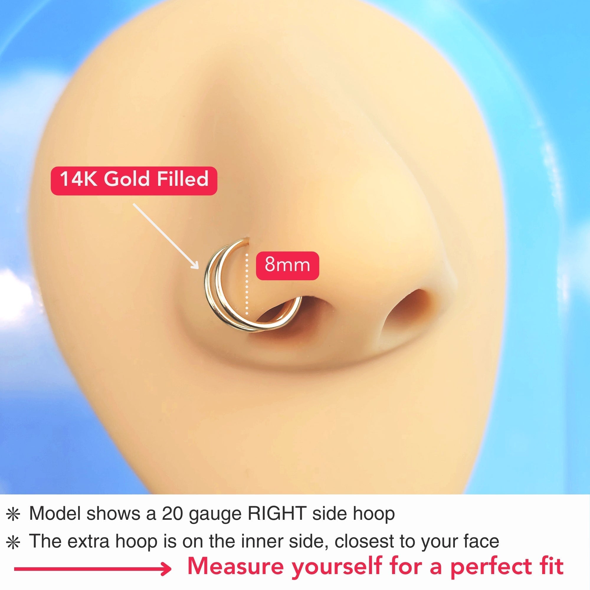 3Pack Double Hoop Nose 14k Gold Filled and 925 Silver Spiral Nose Rings 20G 8mm Left