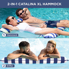 Aqua 4-in-1 Monterey Hammock Pool Float & Water Hammock, Multi-Purpose, Inflatable Pool Floats for Adults, Patented Thick, Non-Stick PVC Material, One Light Blue & One Navy/White Stripe, 2-Pack