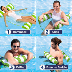 Aqua 4-in-1 Monterey Hammock Pool Float & Water Hammock, Multi-Purpose, Inflatable Pool Floats for Adults, Patented Thick, Non-Stick PVC Material, One Light Blue & One Navy/White Stripe, 2-Pack