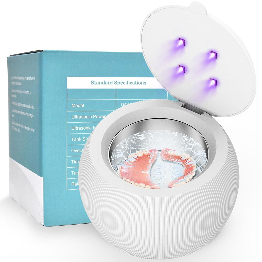 Voraiya Ultrasonic UV Cleaner for Dentures Aligner Retainer Whitening Trays Night Dental Mouth Guard Toothbrush Head Ultrasonic Jewelry Cleaner Machine for all dental Appliances Diamon (White)