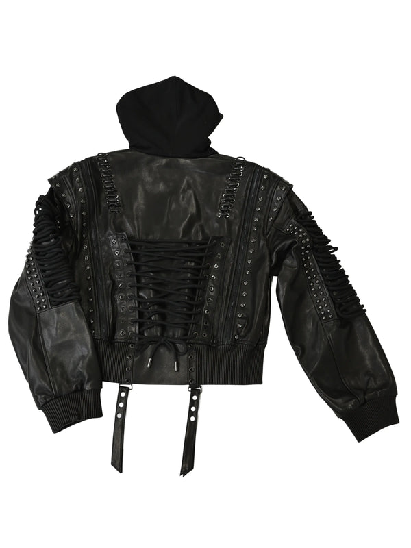 Lace Up Leather Bomber Jacket