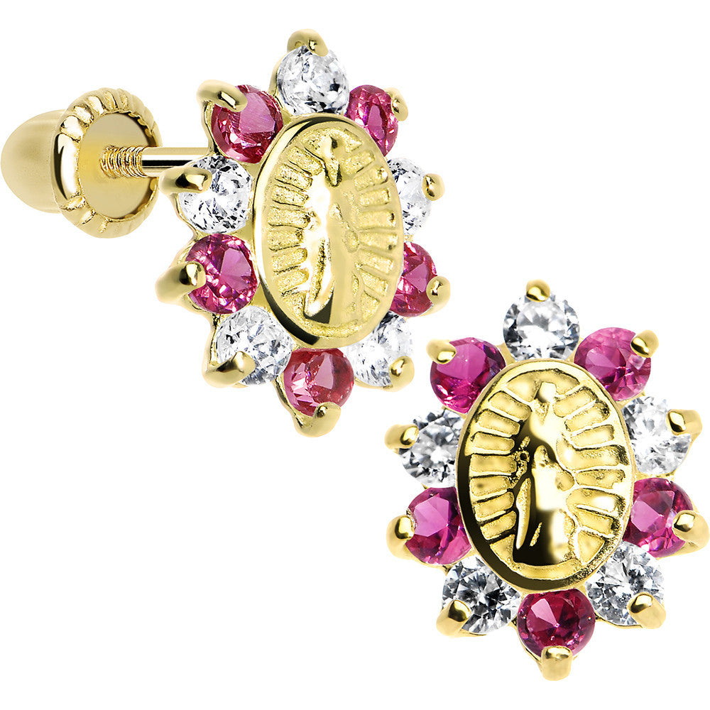 14K Yellow Gold Pink CZ Lady of Guadalupe Youth Screwback Earrings