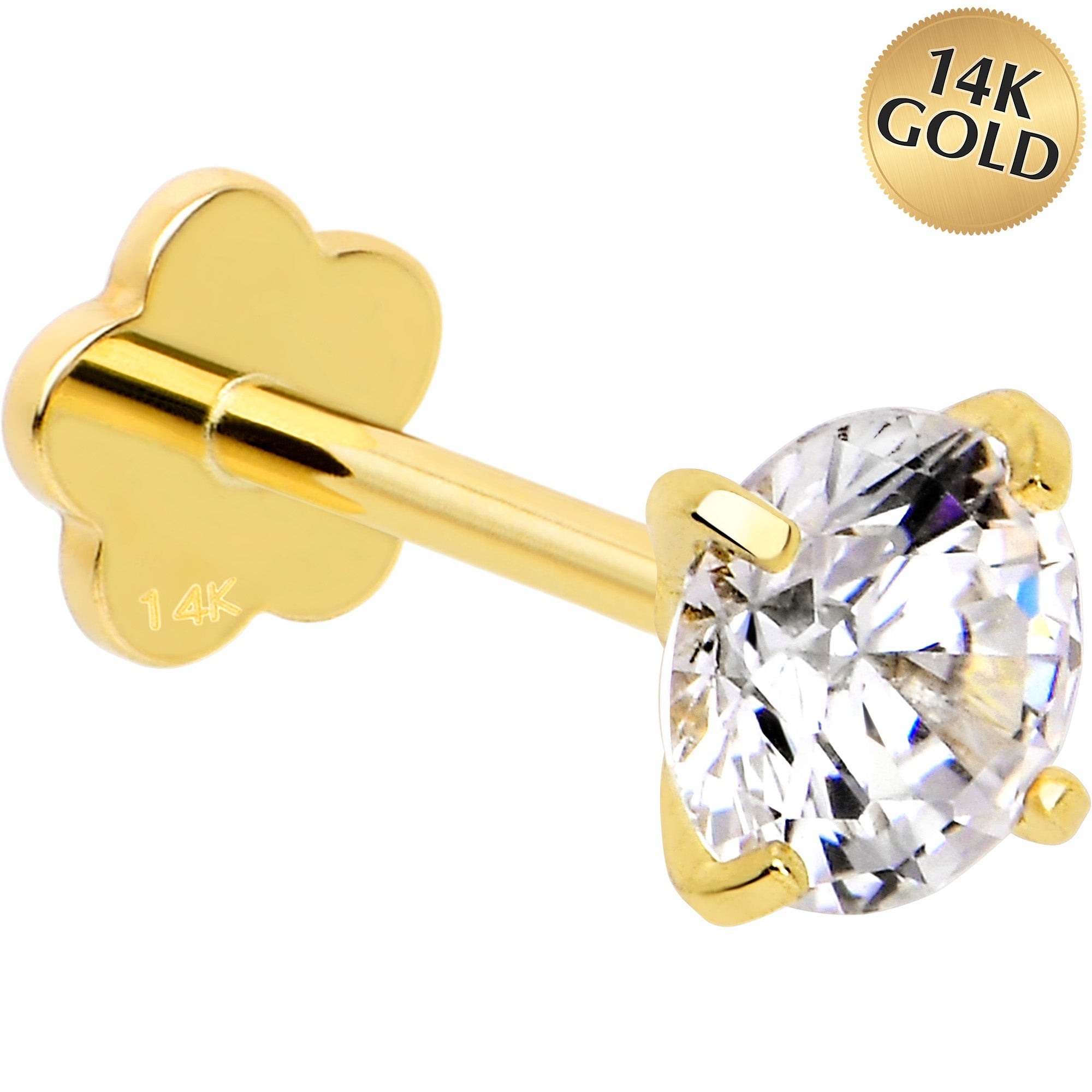 14k Yellow Gold Flat Back Earring 20G 4mm CZ Floral Reversible