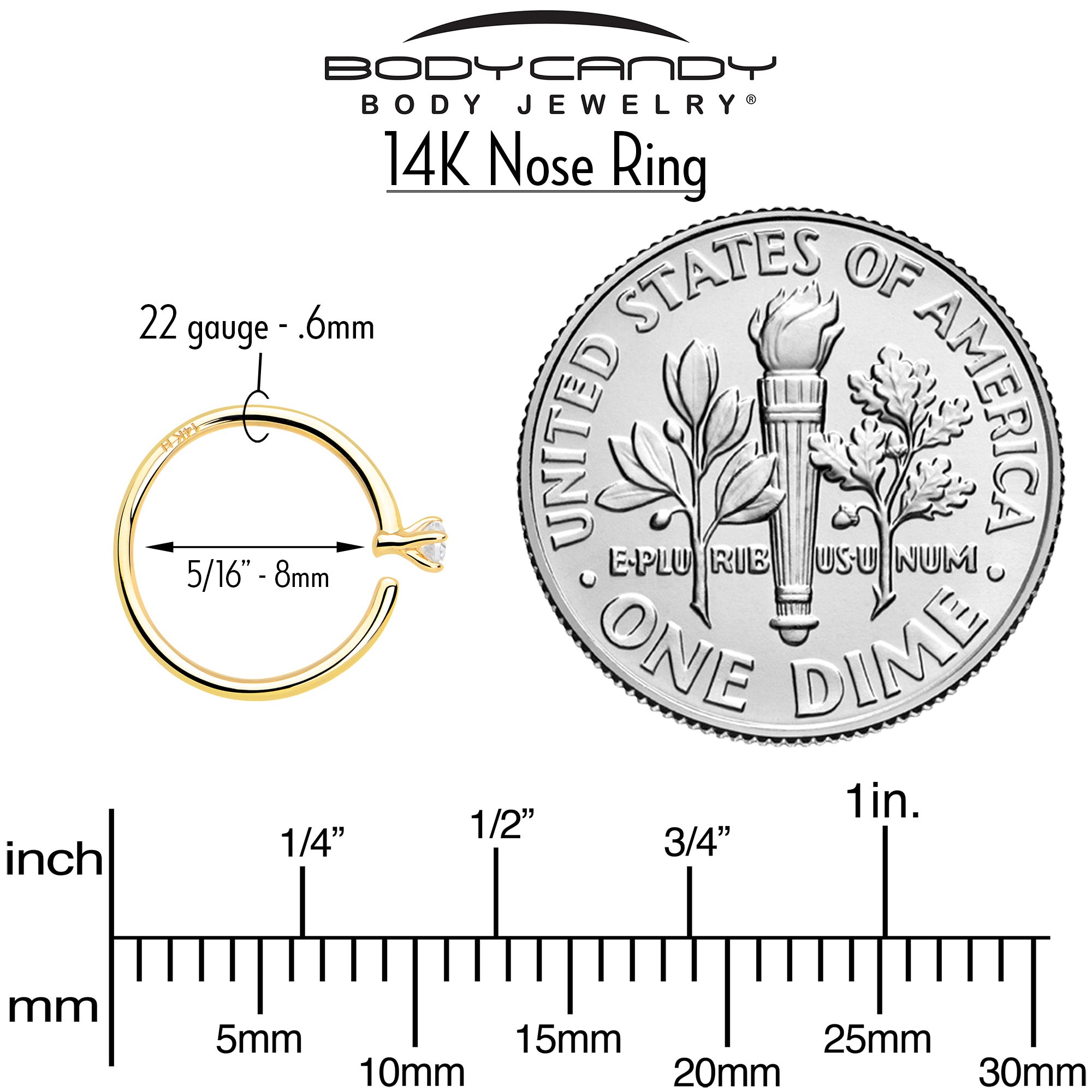 14k Solid Yellow Gold Bendable Nose Hoop 22G 5/16 with CZ