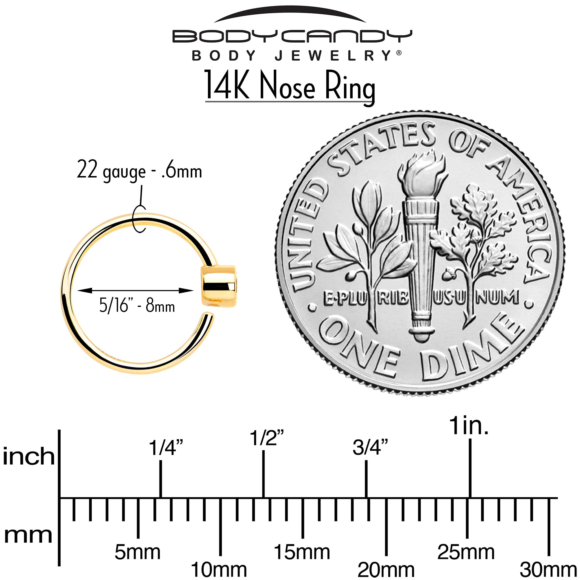 14k Solid Yellow Gold Bendable Nose Hoop 22G 5/16 with 2mm Bezel CZ