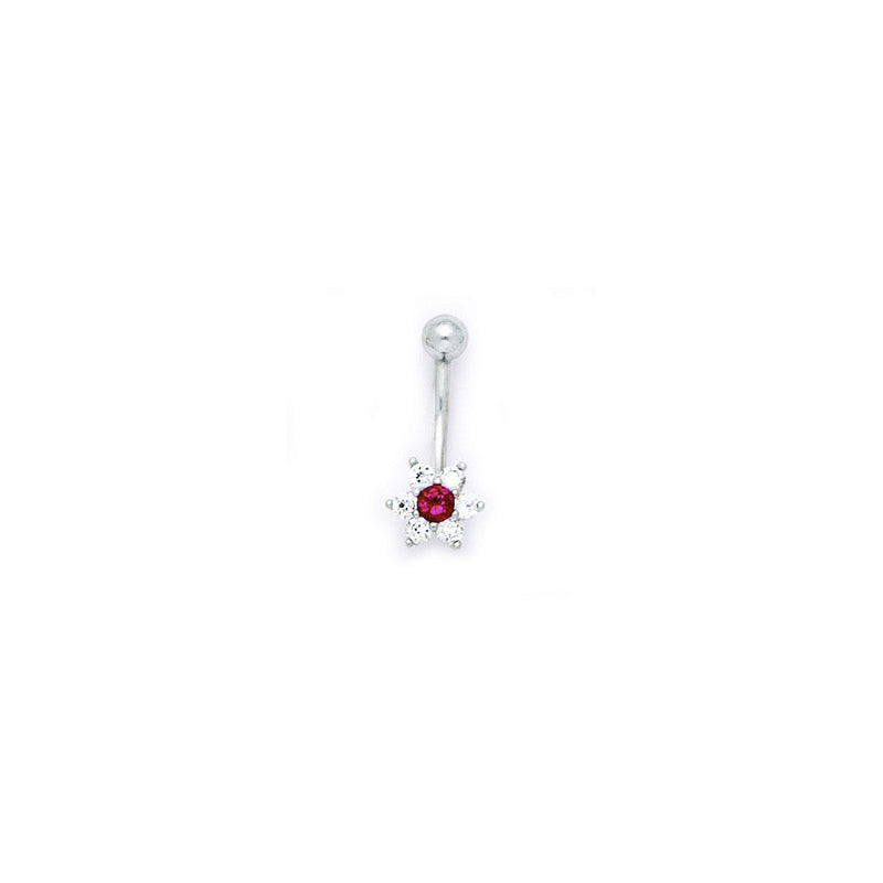 16G Solid 14k White Gold Clear Red Cubic Zirconia Flower Belly Ring