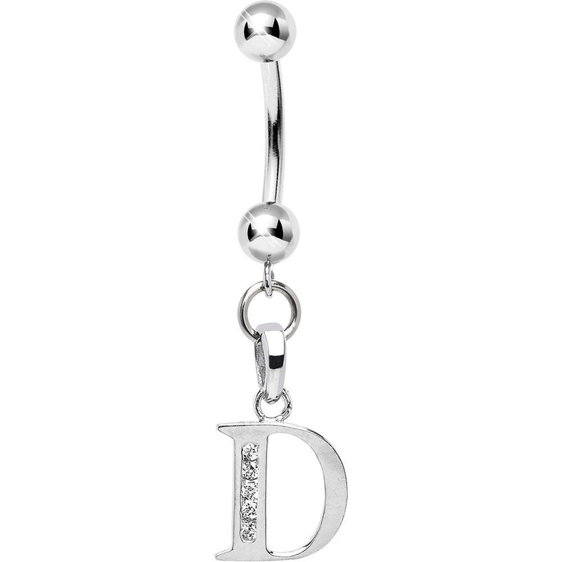 16G Solid 14k White Gold CZ Initial D Belly Ring