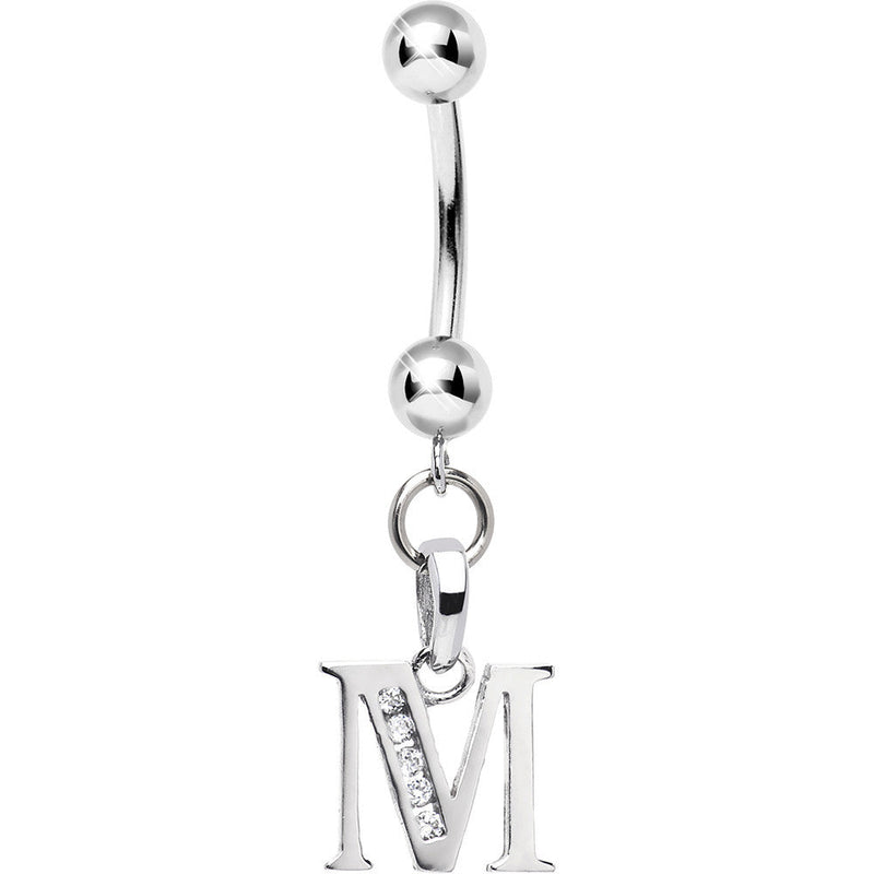 16G Solid 14k White Gold CZ Initial M Belly Ring