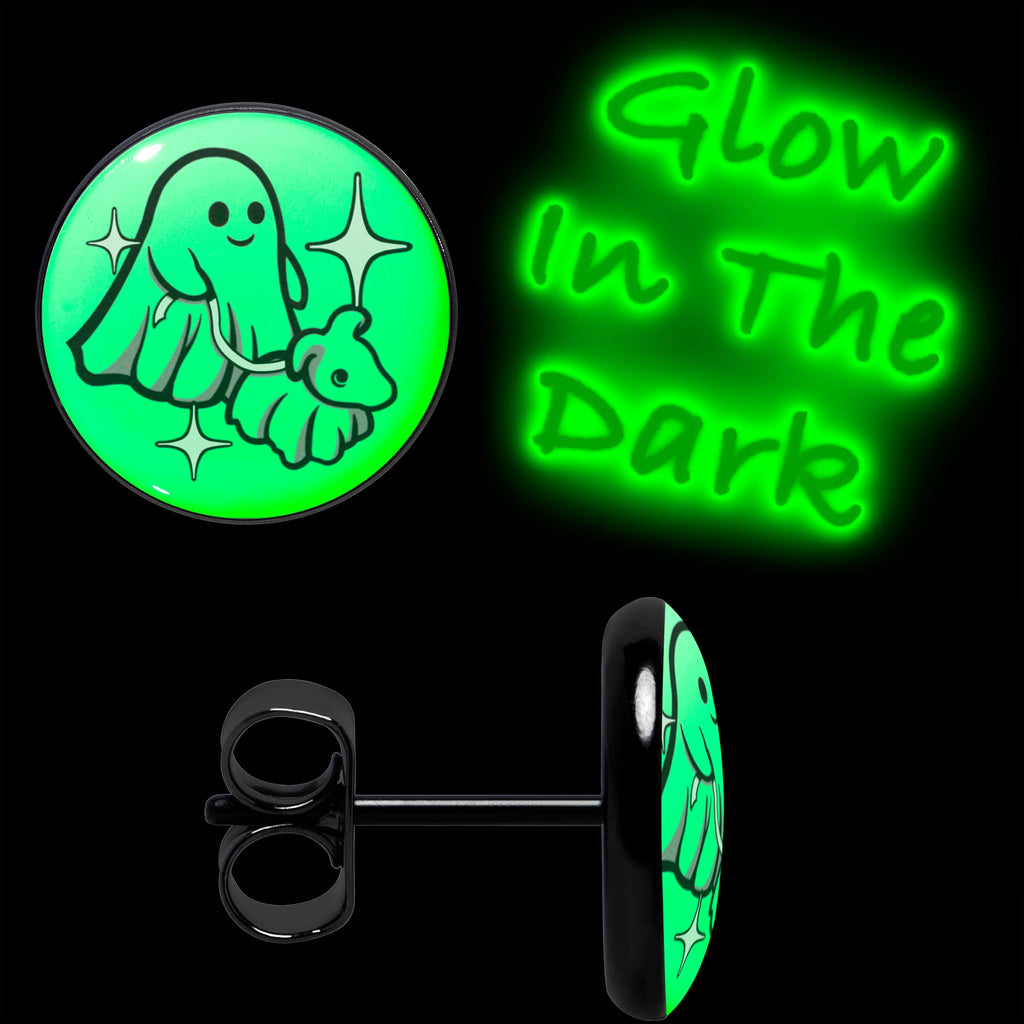 Black Anodized Halloween Ghost Dog Walker Glow in the Dark Stud Earrings by Onyx O