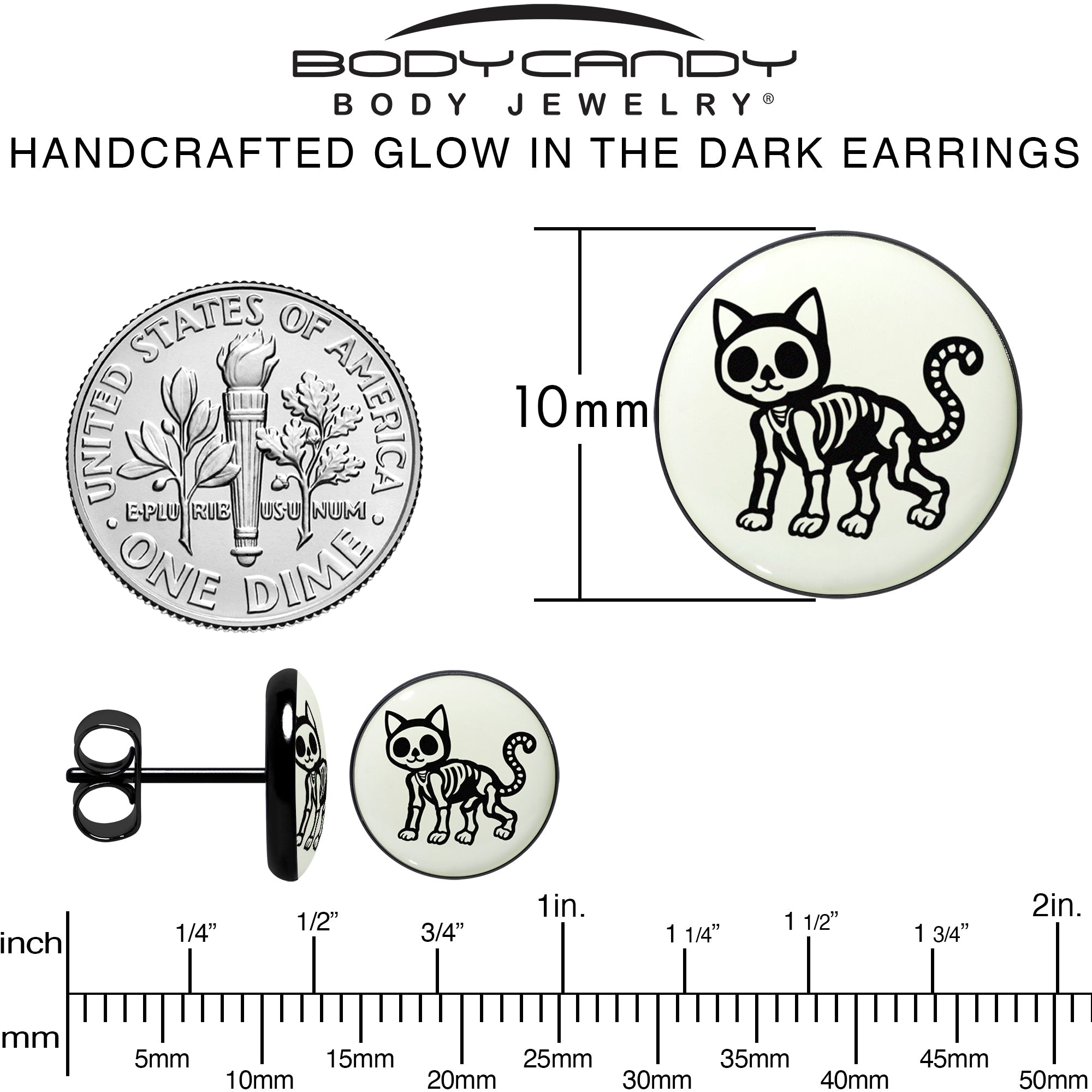 Black Anodized Skeleton Kitty Cat Glow in the Dark Stud Earrings by Onyx O