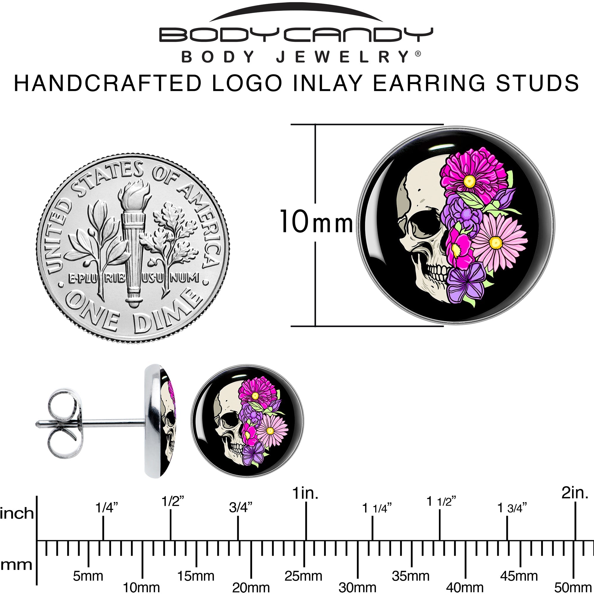Floral Flowers Skull Stud Earrings by Onyx O