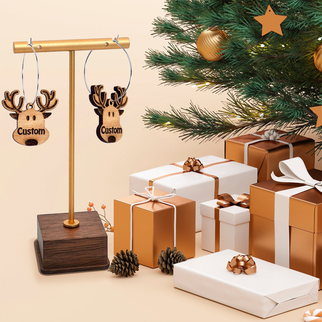 Custom Natural Wood Holiday Reindeer Personalized Hoop Earrings