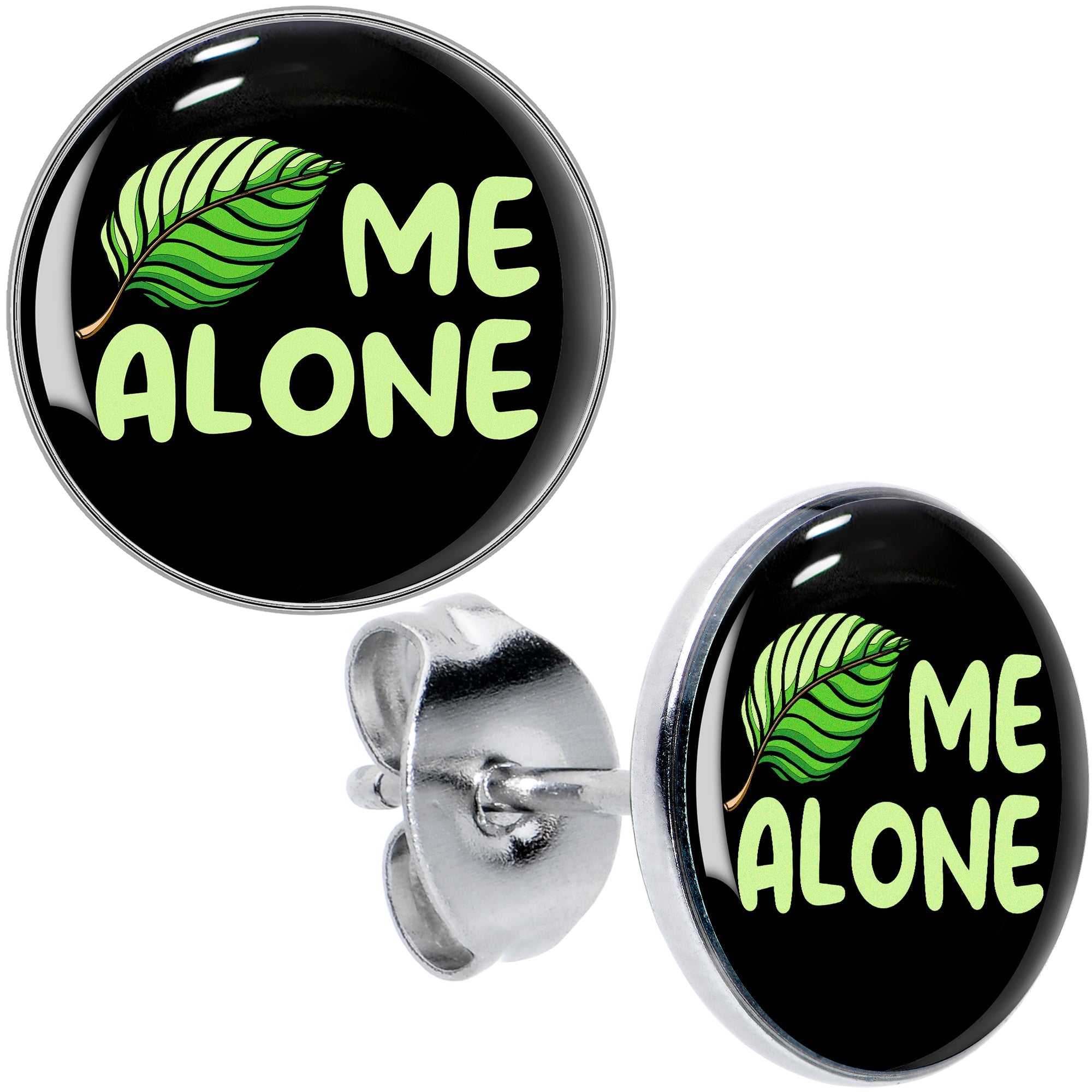 Black Green Leaf Me Alone Stud Earrings by Onyx O