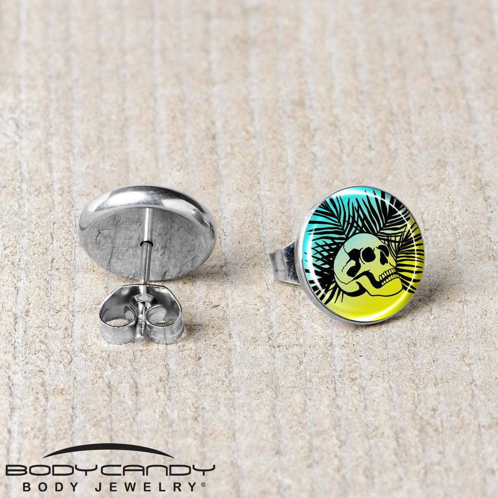 Blue Haze Sunset Skull and Palms Stud Earrings by Onyx O