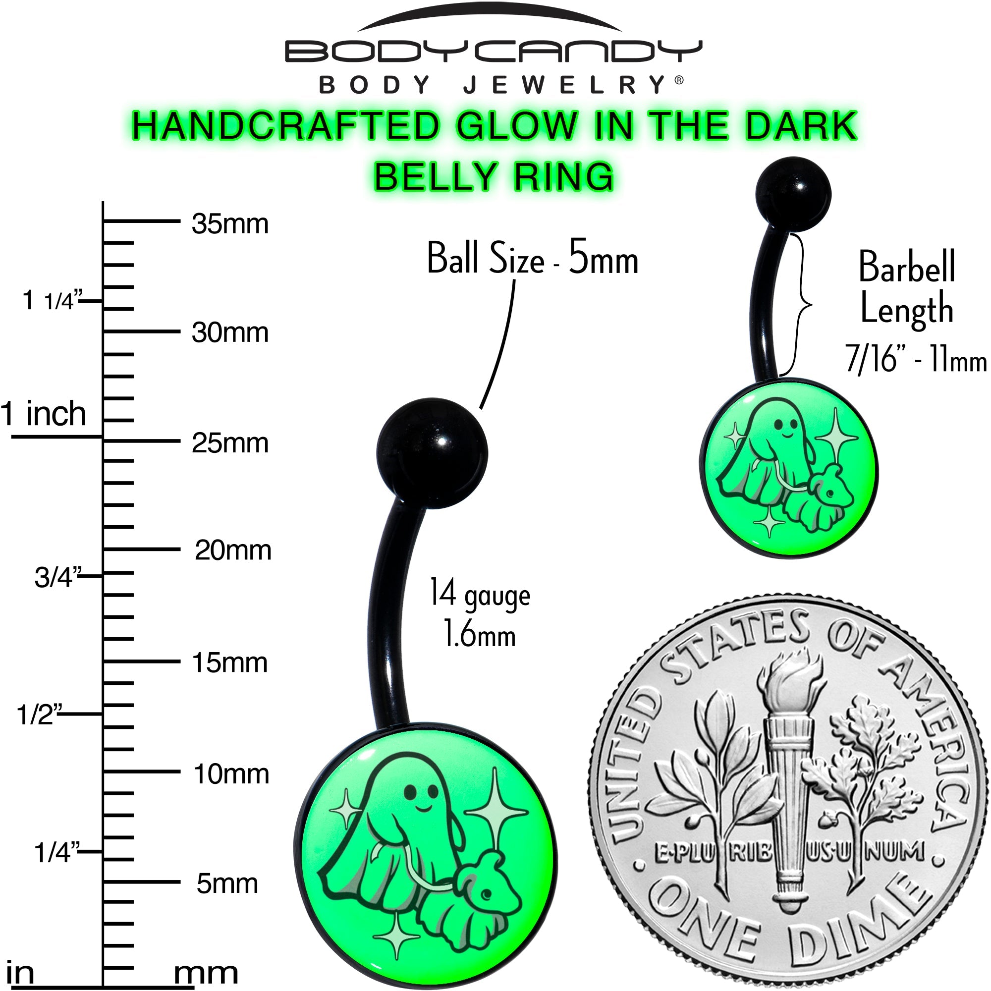 Black Anodized Glow in the Dark Halloween Ghost Dog Walker Belly Ring by Onyx O