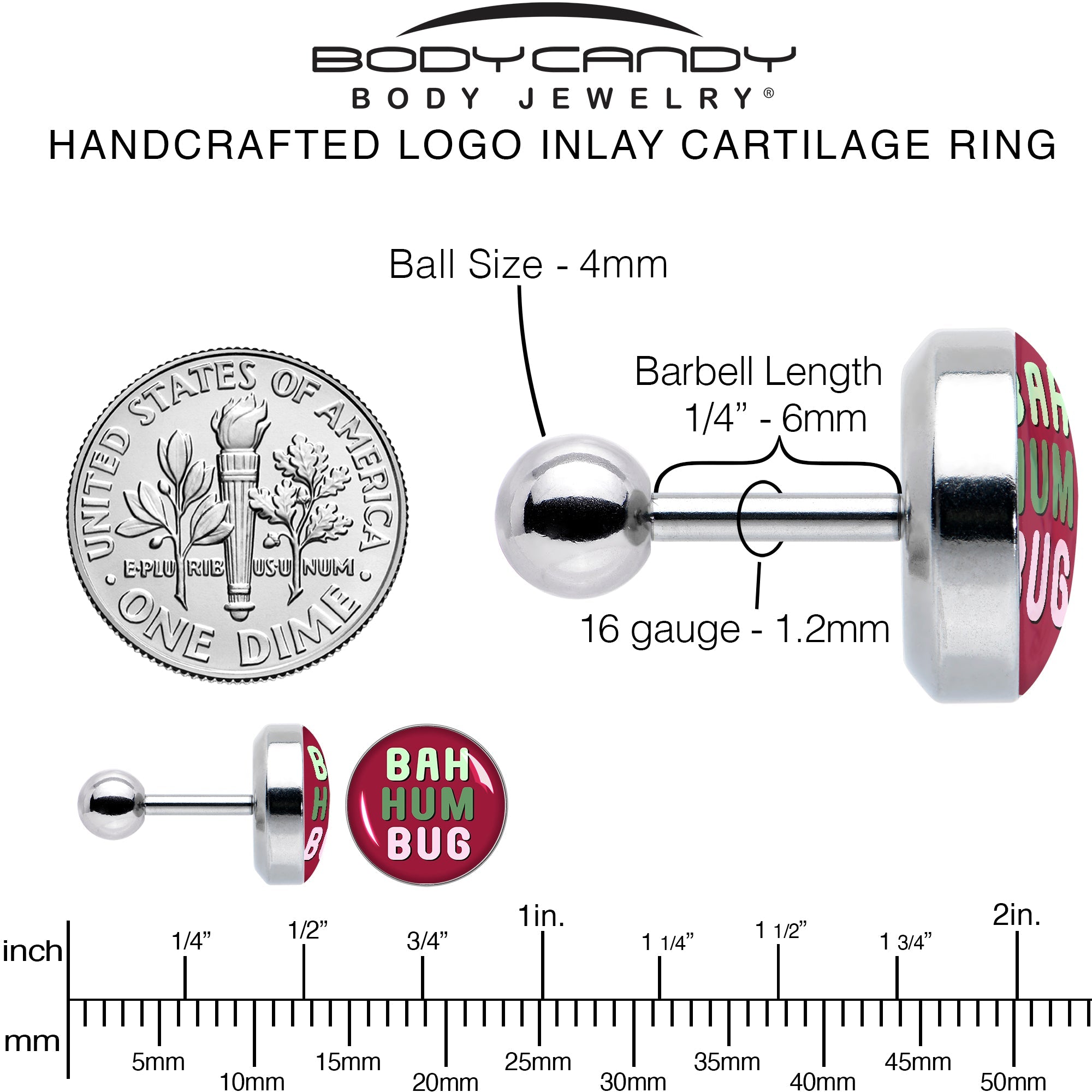 16G 1/4 Bah Humbug Holiday Grouch Tragus Cartilage Earring by Onyx O