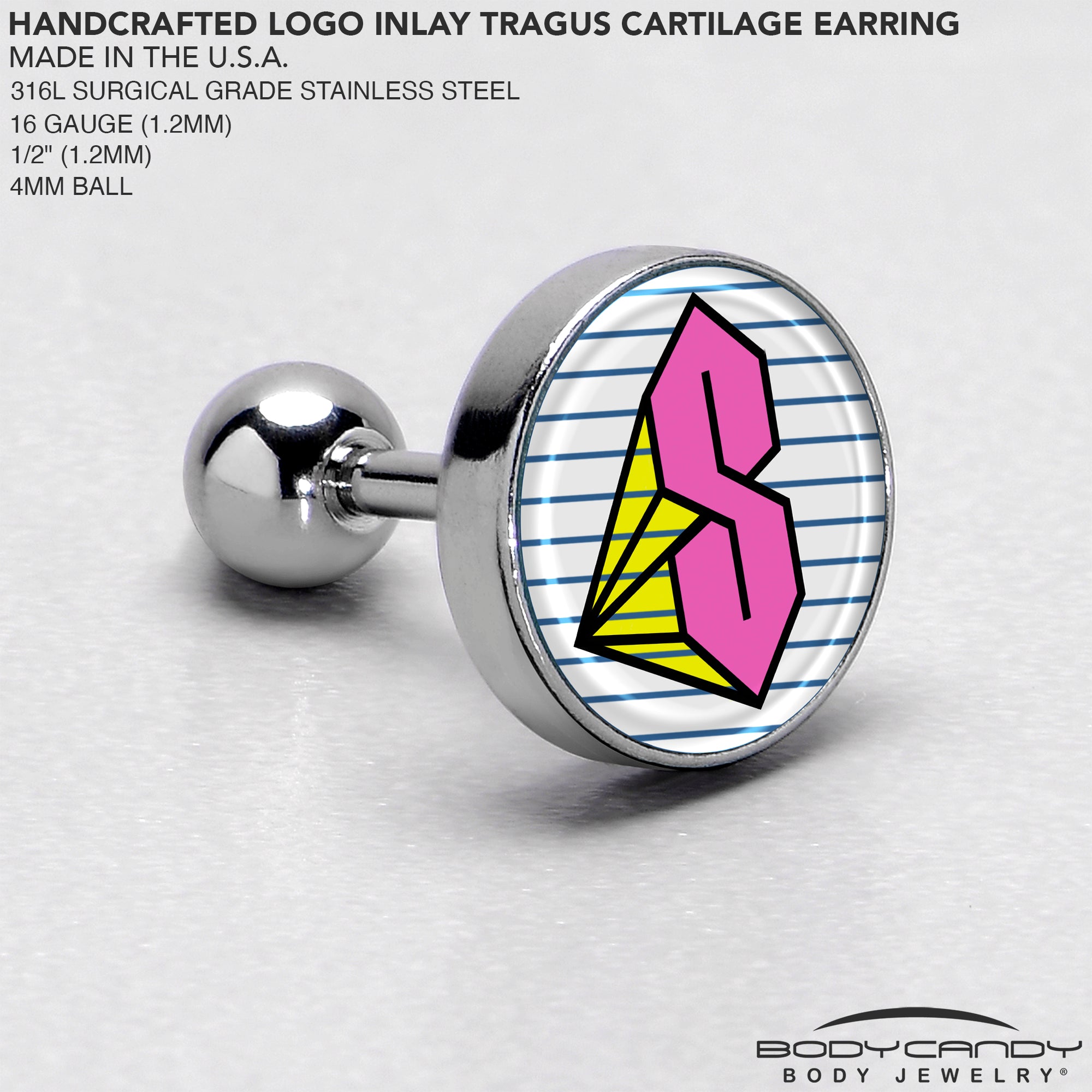 16G 1/4 Hot Pink Cool S Tragus Cartilage Earring by Onyx O