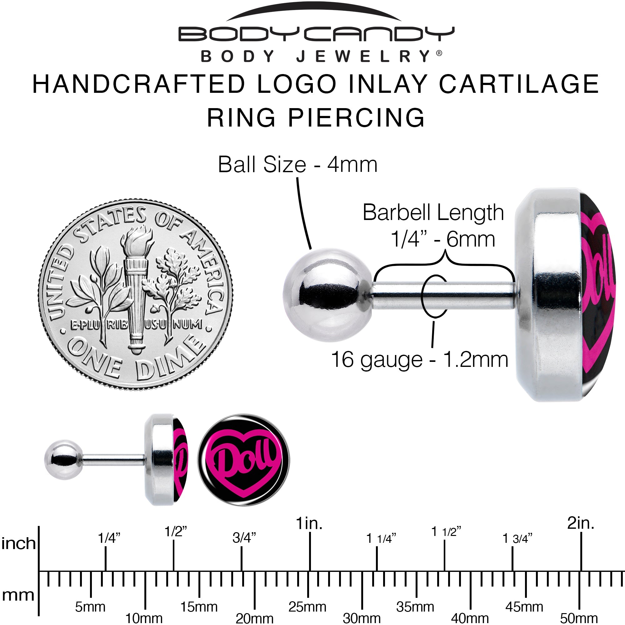 16G 1/4 Hollow Heart Doll Word Tragus Cartilage Earring by Onyx O