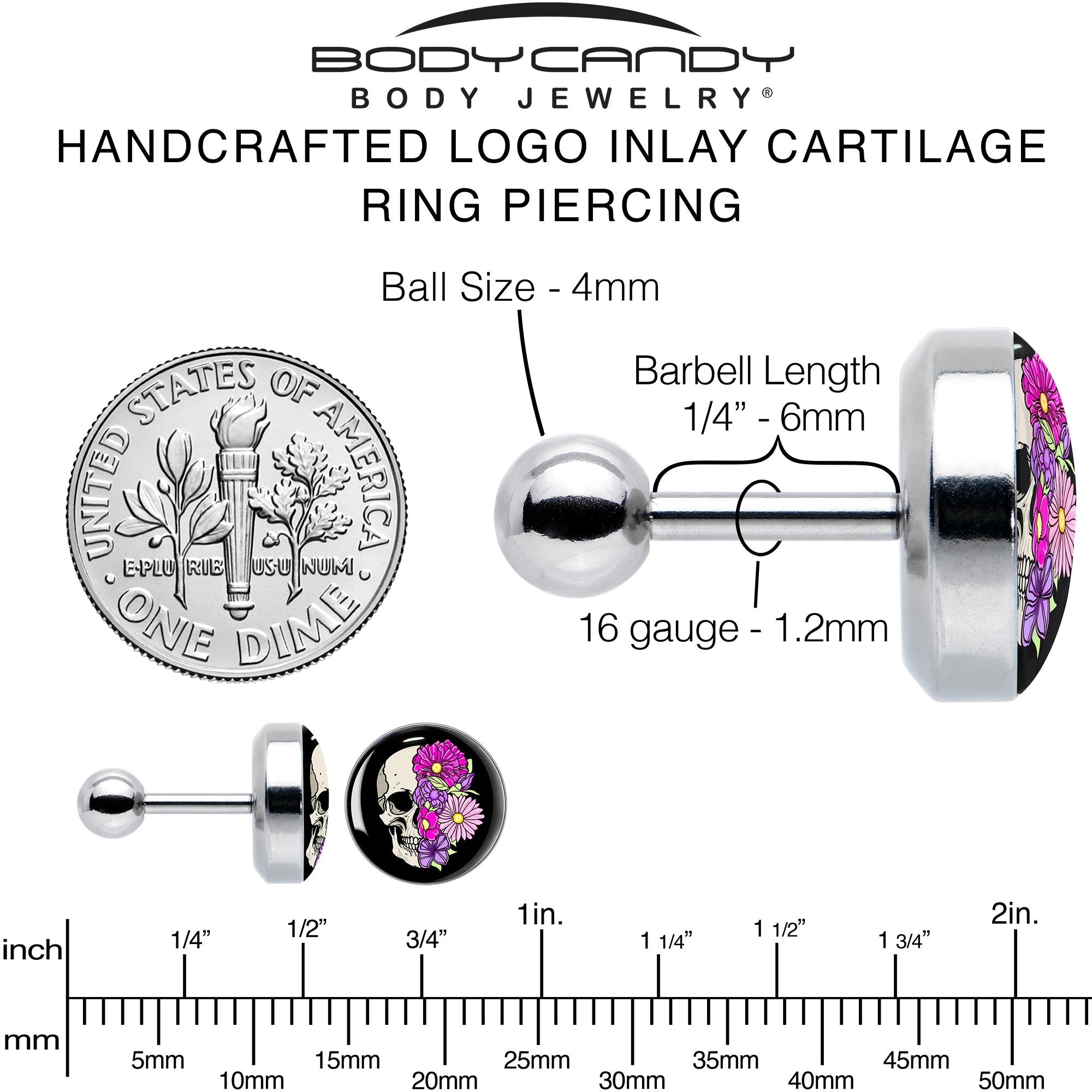 16G 1/4 Floral Flowers Skull Cartilage Tragus Earring by Onyx O