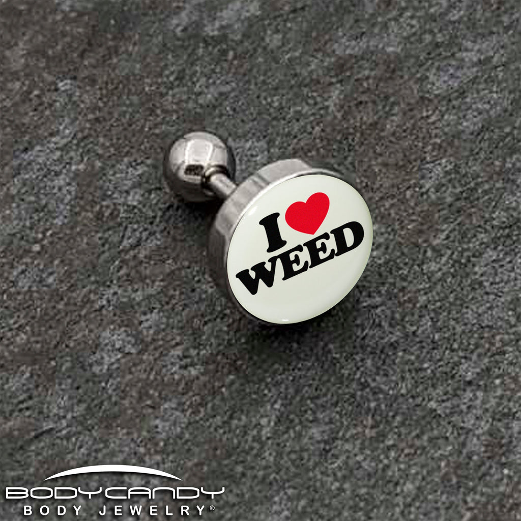 16G 1/4 Glow in the Dark I Love Weed Tragus Cartilage Earring by Onyx O