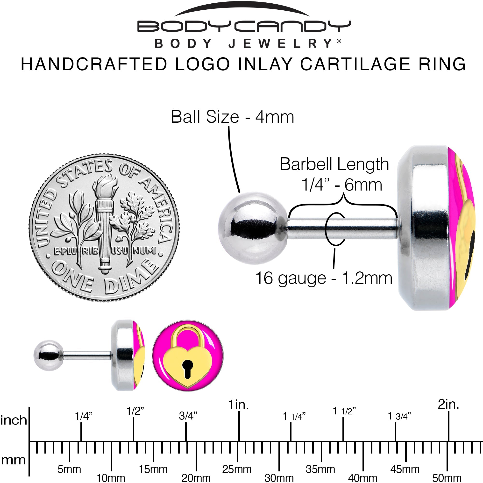 16G 1/4 Heart Lock Cartilage Tragus Earring by Onyx O