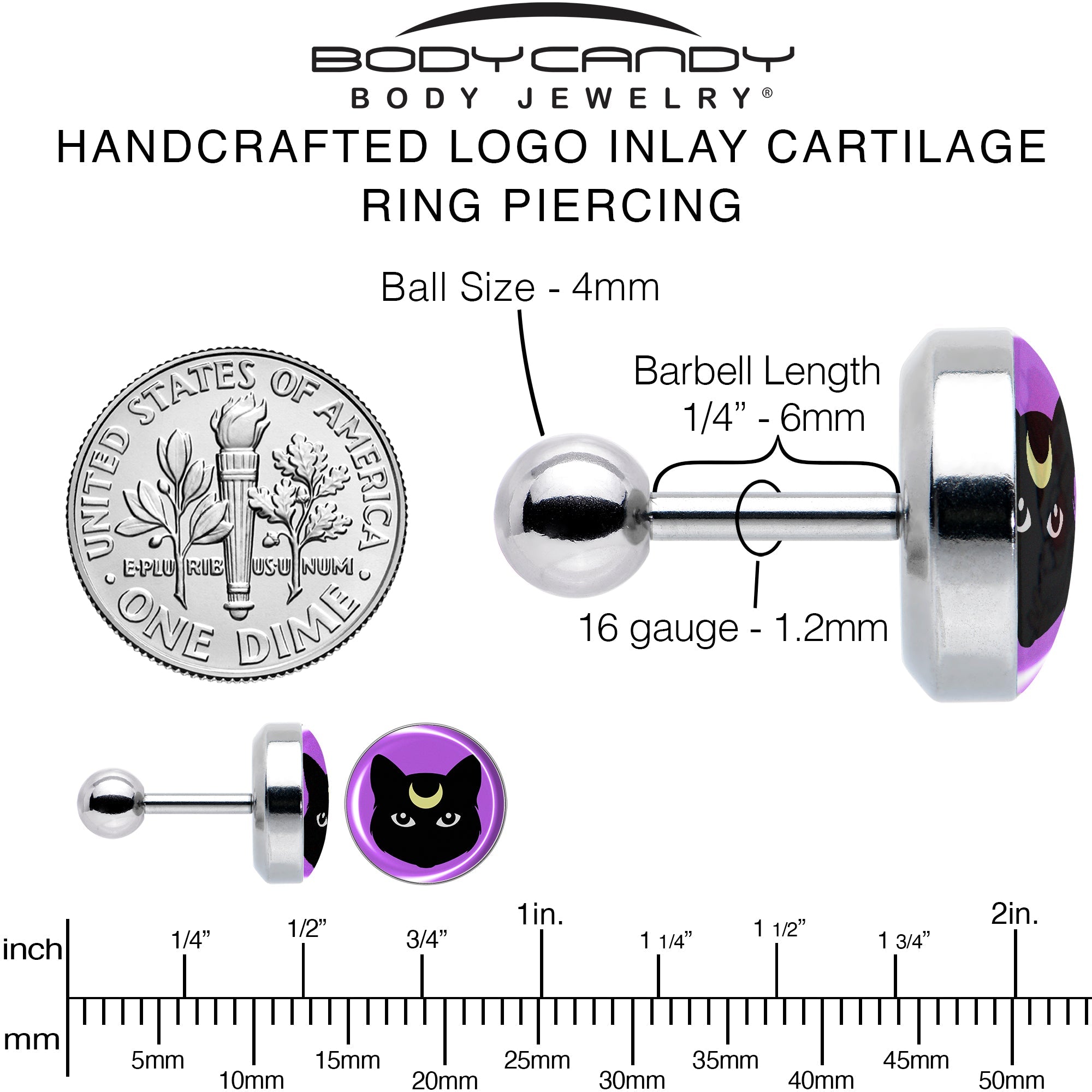 16G 1/4 Black Mystic Kitty Cat Tragus Cartilage Earring by Onyx O