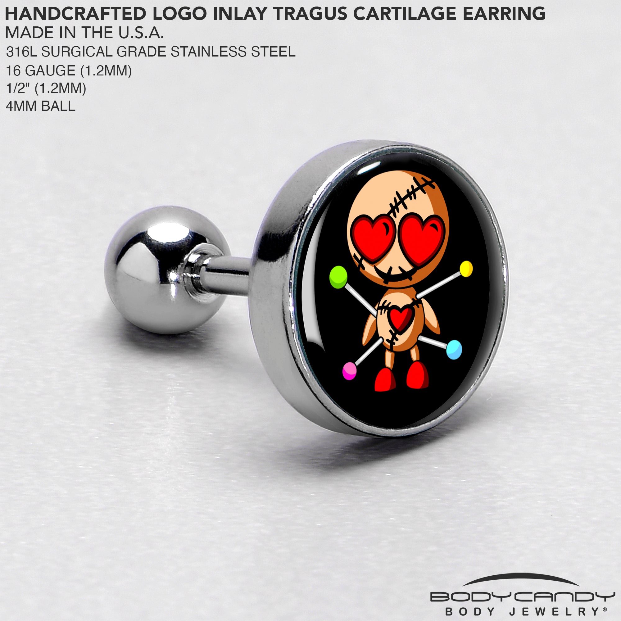 16G Valentine Heart Voodoo Doll Tragus Cartilage Earring