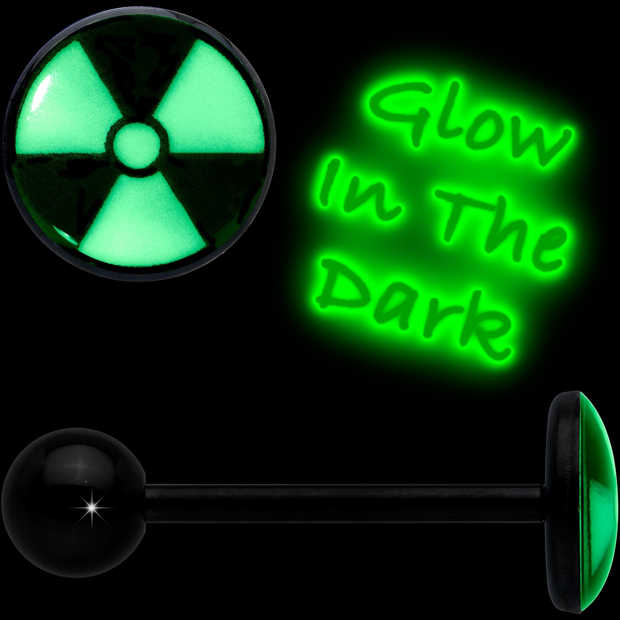 Glow in the Dark Black Anodized Radioactive Barbell Tongue Ring by Onyx O