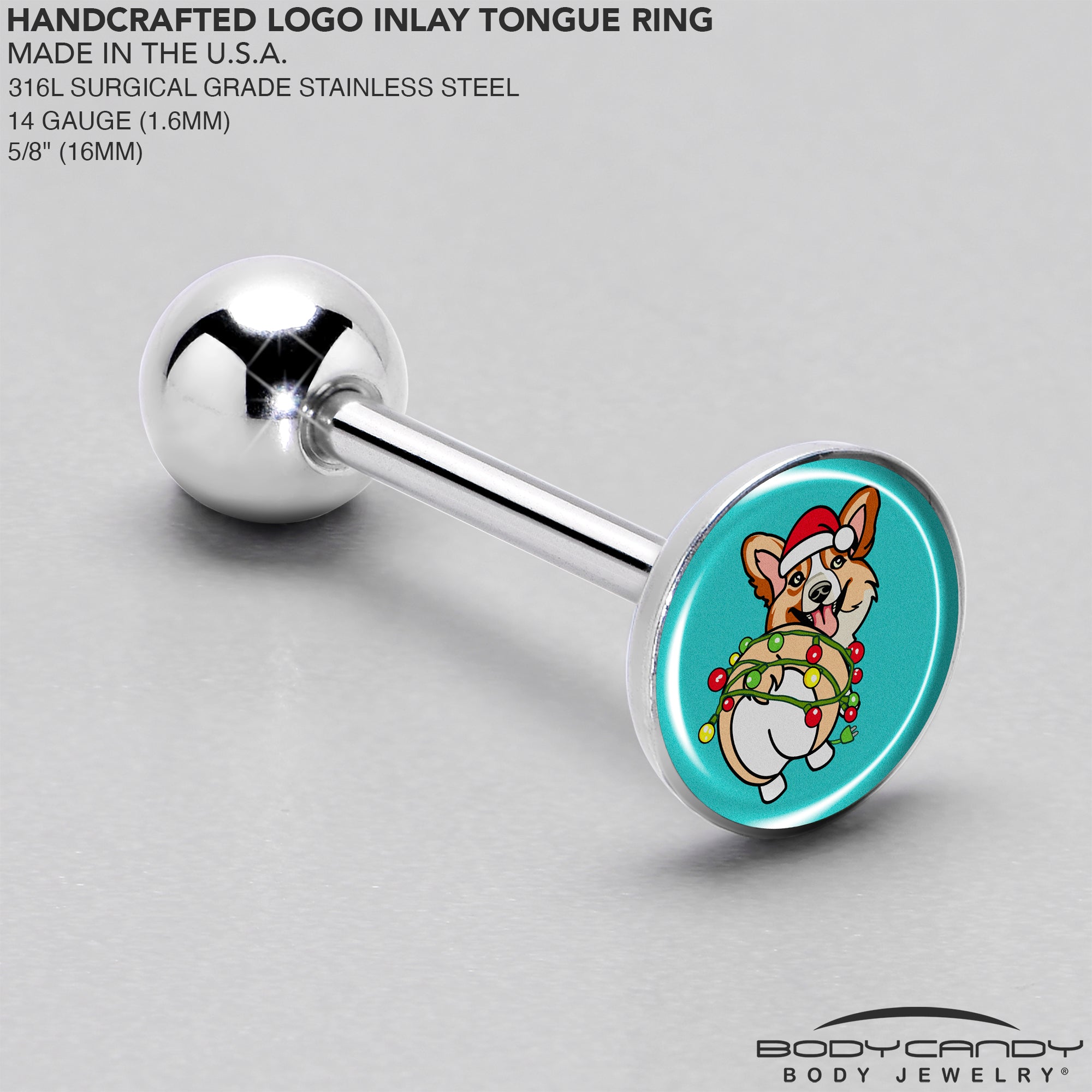 Christmas Holiday Lights Corgi Dog Barbell Tongue Ring by Onyx O