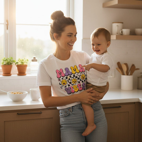 Trendy Checkerboard Mama Vibes Shirt 100% Cotton Short Sleeve Casual Aesthetic Apparel