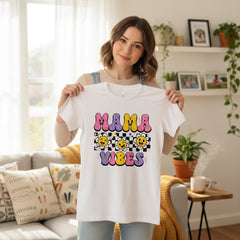 Trendy Checkerboard Mama Vibes Shirt 100% Cotton Short Sleeve Casual Aesthetic Apparel