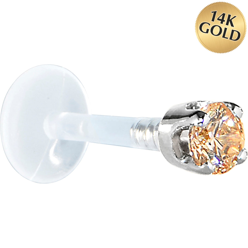 16G 5/16 Solid 14K White Gold 3mm Champagne Cubic Zirconia Bioplast Tragus Earring Stud