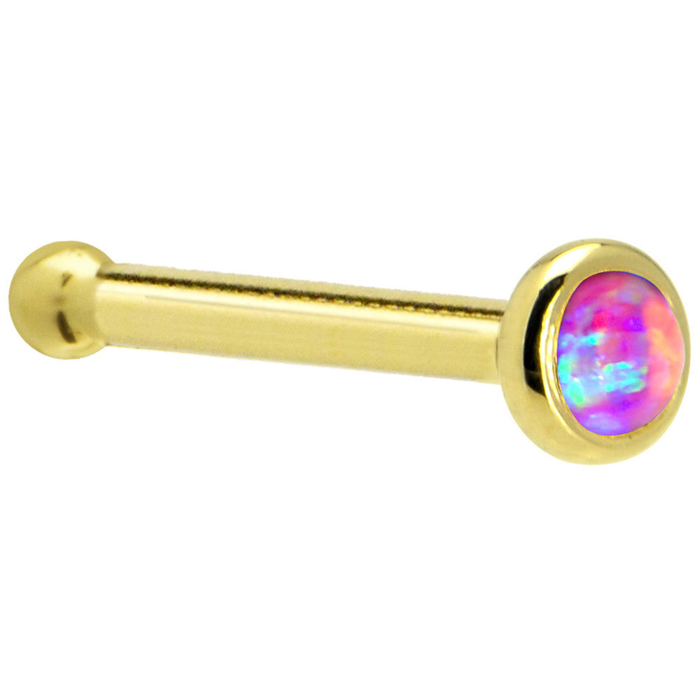 Solid 14K Yellow Gold 2mm Fuchsia Synthetic Opal Nose Ring