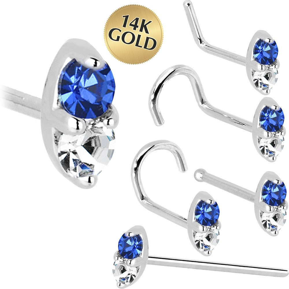 14k White Gold 1.5mm Genuine Blue Sapphire Diamond Marquise Nose Ring