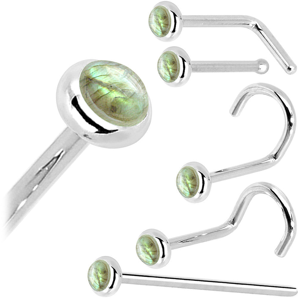 Solid 14K White Gold 2mm Labradorite Nose Ring