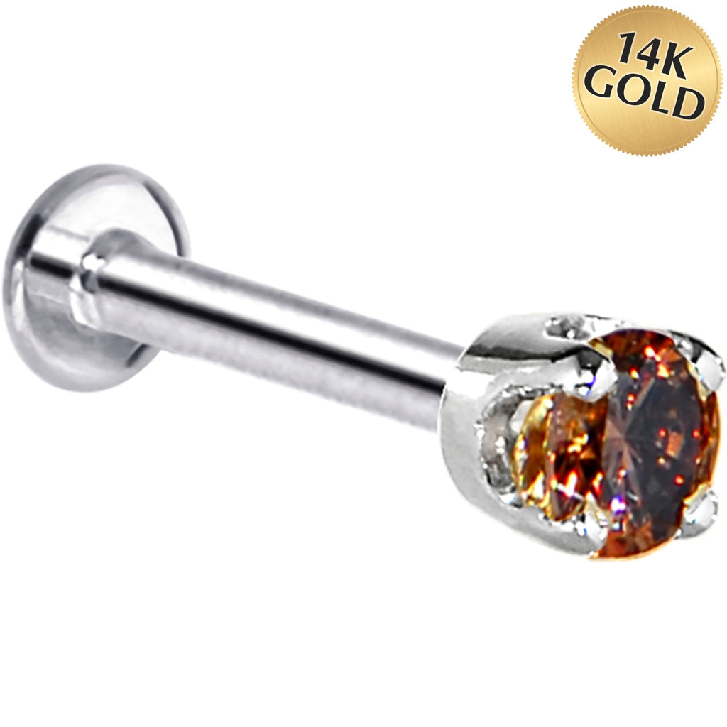 16G Solid 14K White Gold 3mm Brown Cubic Zirconia Tragus Earring Stud